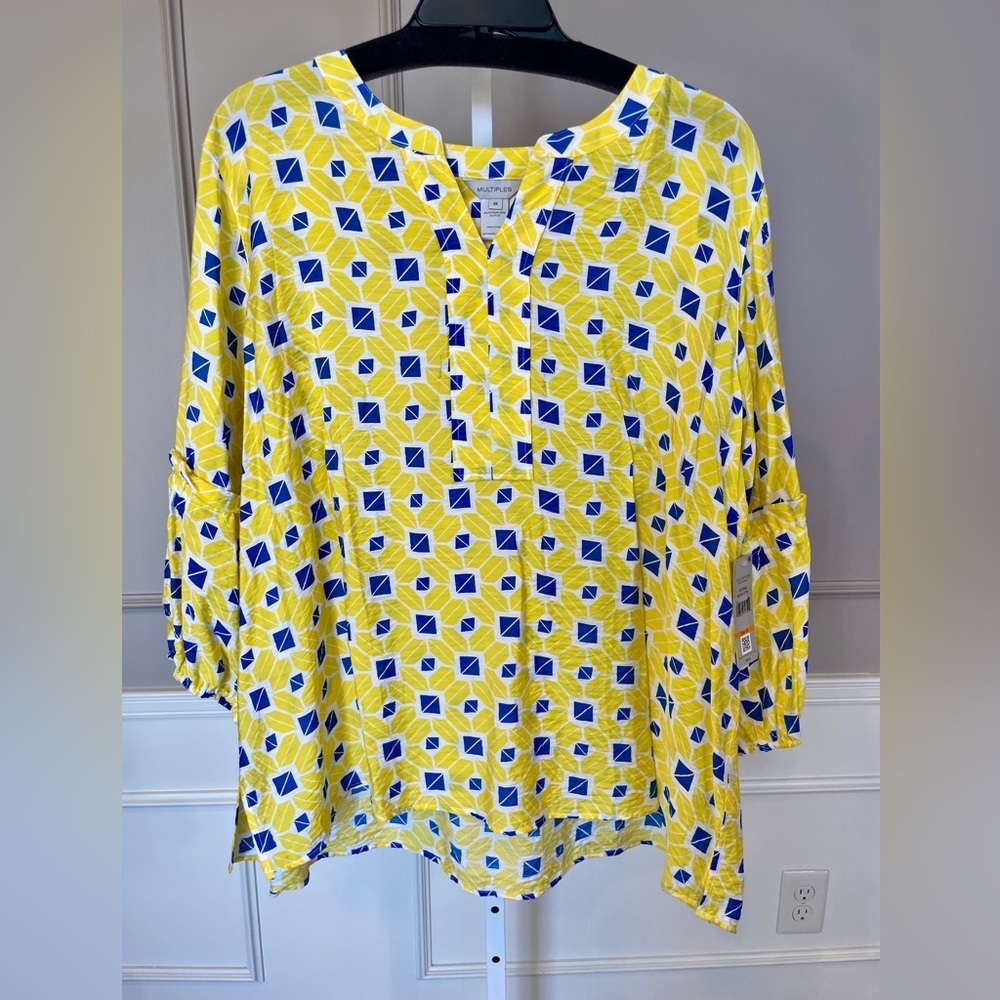 Multiples NWT 3X Popover Peasant Blouse Shirt Top Yellow Blue Windowpane Kite